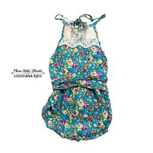 Ju Ju Sz 2 Bold Floral & Lace Halter Bubble Romper